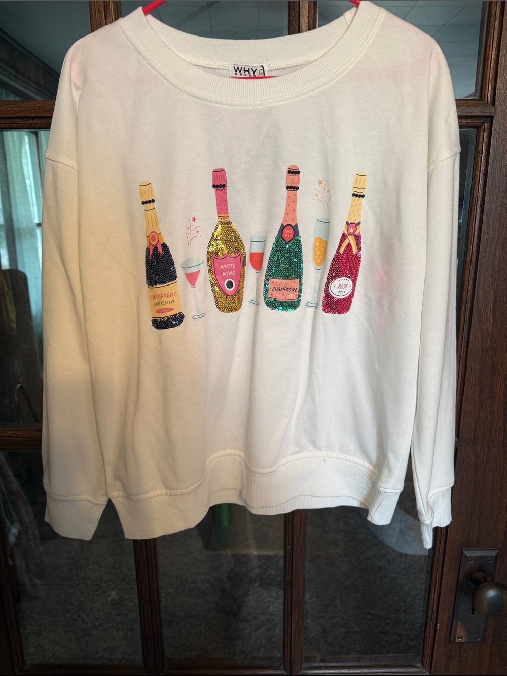 WHY DRESS Sequin Wine Champagne Bottle Graphic Sweatshirt White L NEW Glam Party